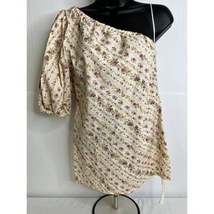 Petersyn Abigail Dress Womens Medium Pink Floral One Shoulder Puff Sleeve Cotton